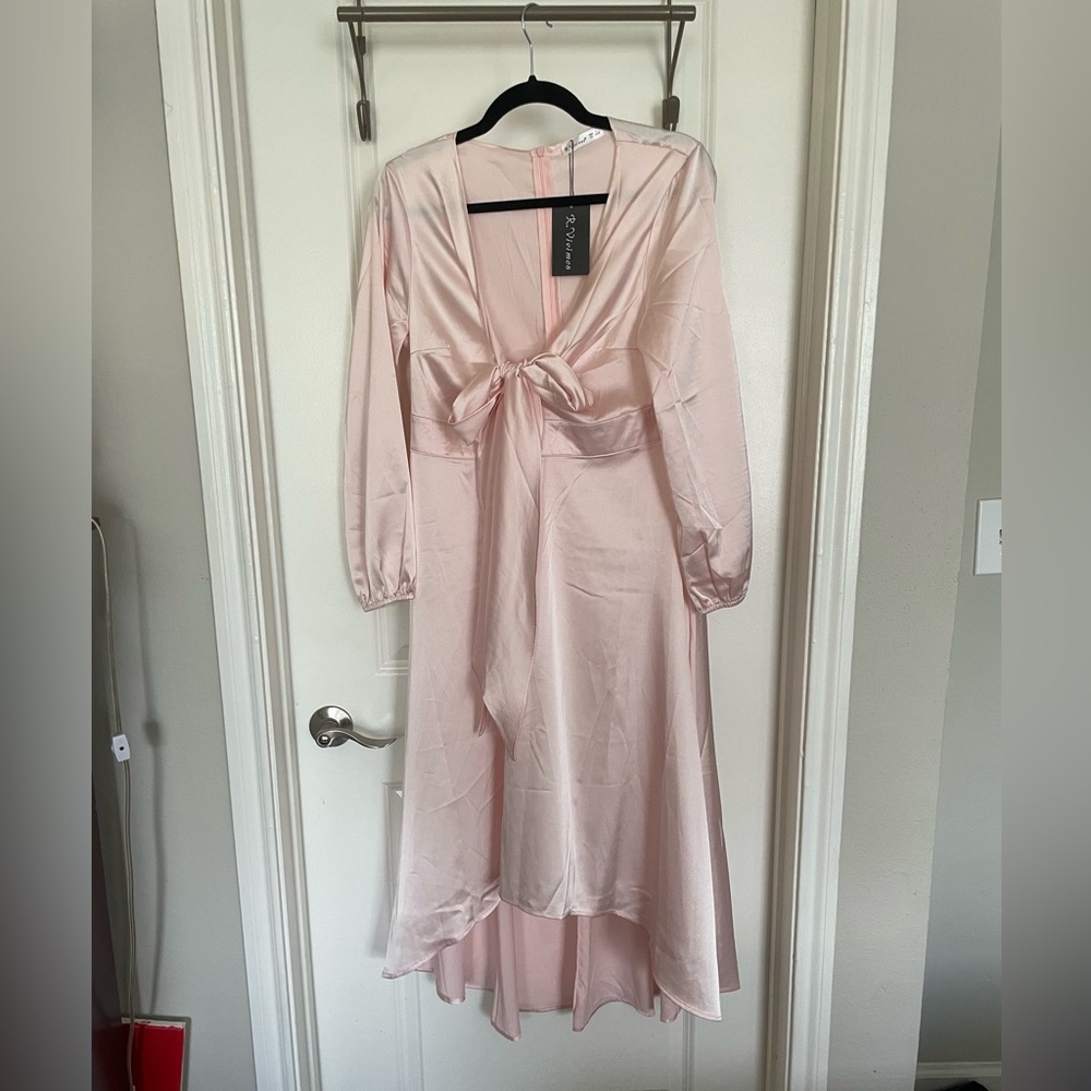 High-low pink long sleeve satin-like dress